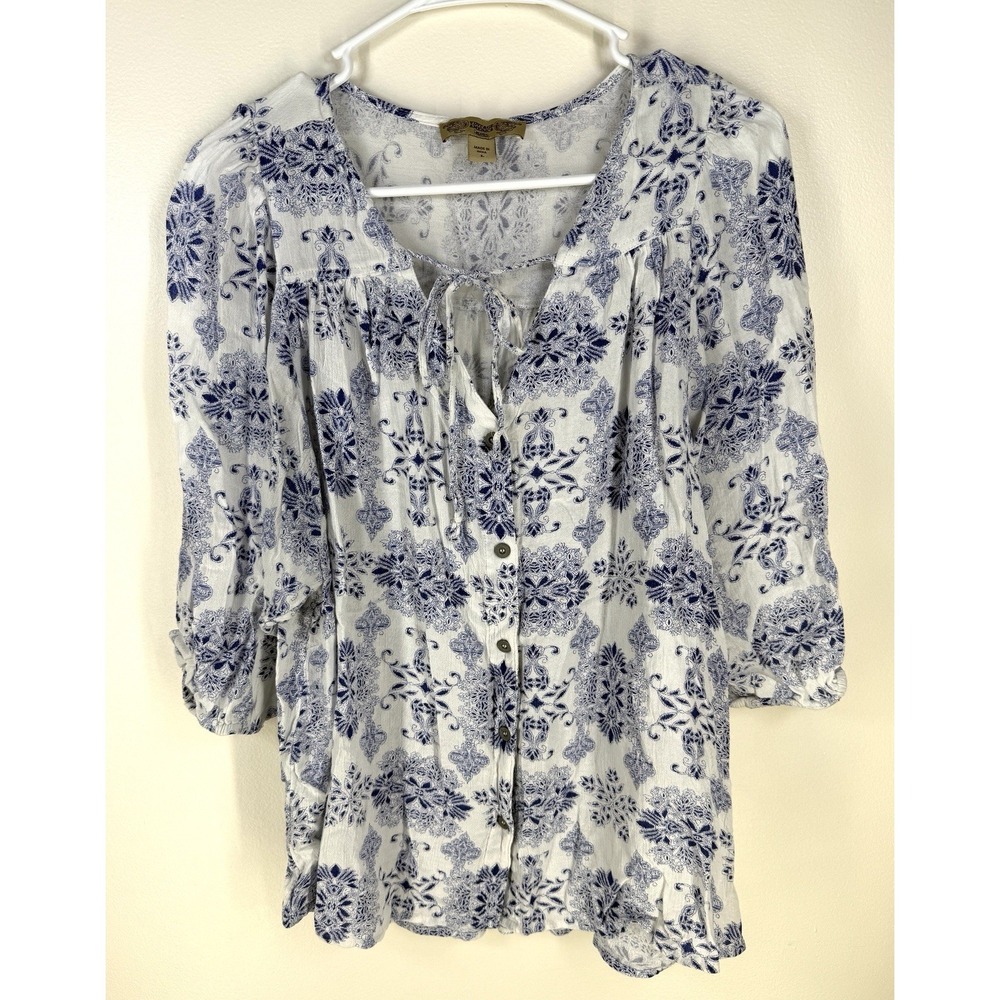 Vintage America Boho Peasant Top L Elastic Sleeve Blue White Floral Buttons